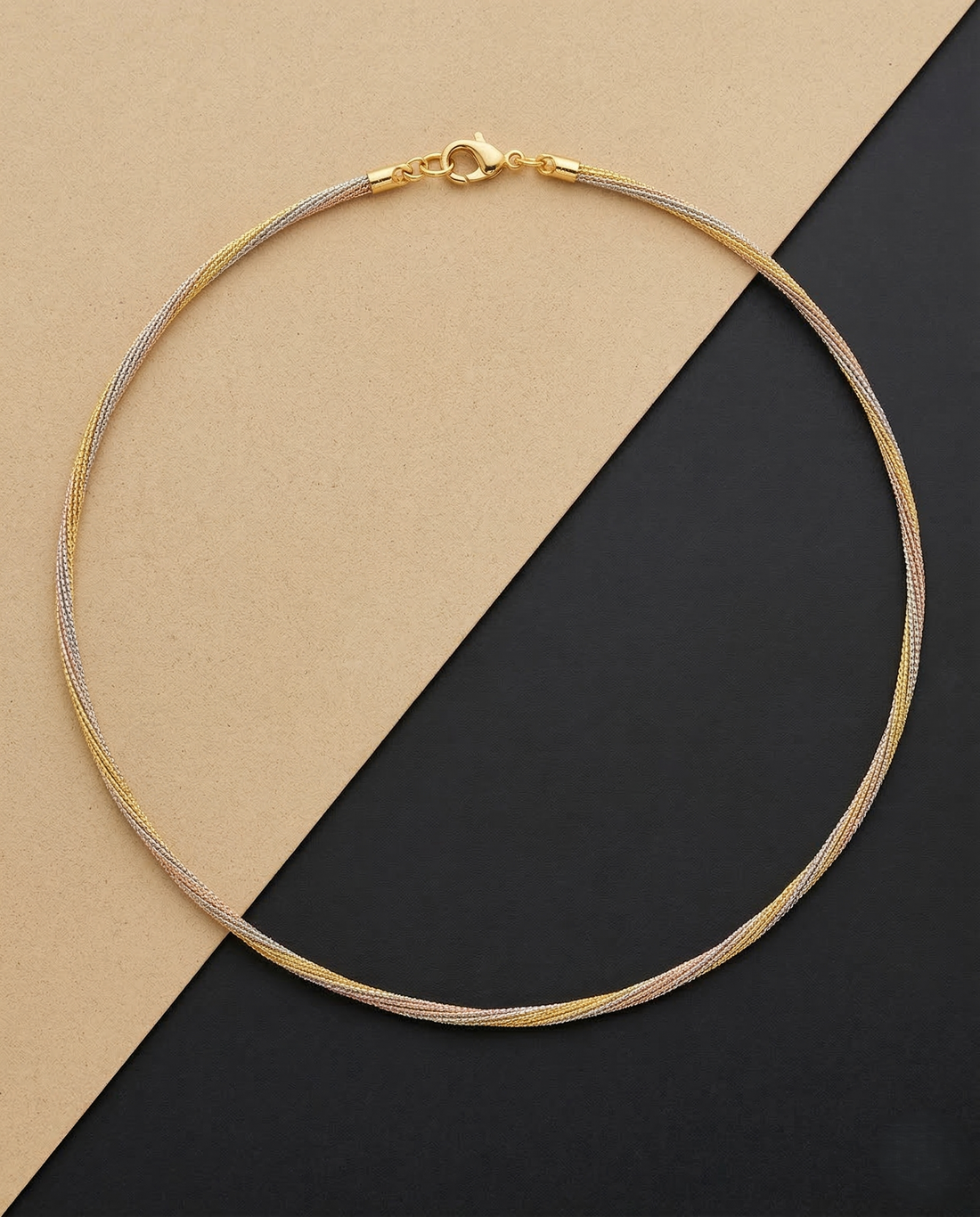 Three Tone Italian Hasli Chain Necklace | Gold Silver Rose Braided Necklace for Women