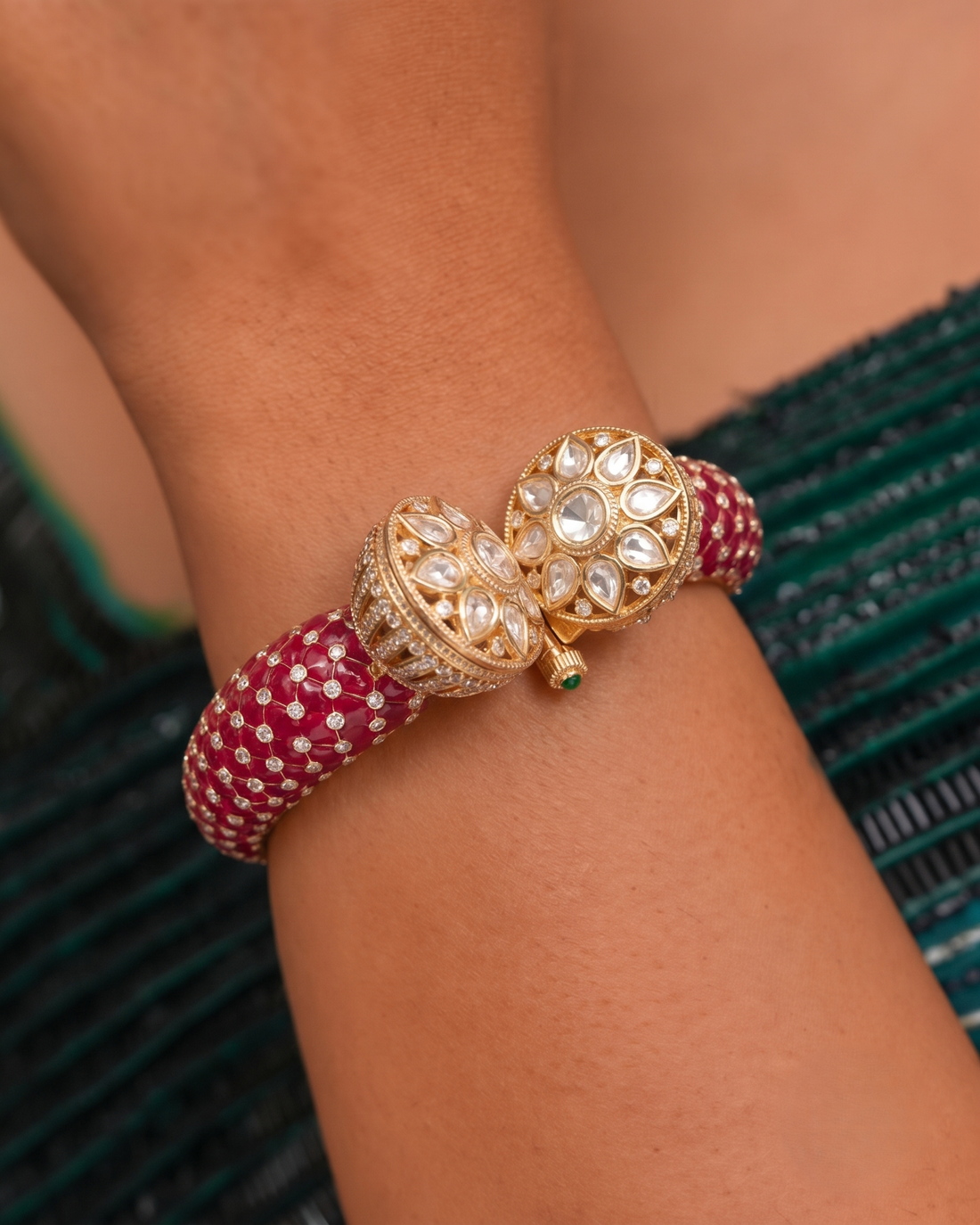 Royal Kundan Floral Openable Gold Plated Bracelet in Blue, Green & Ruby Finish