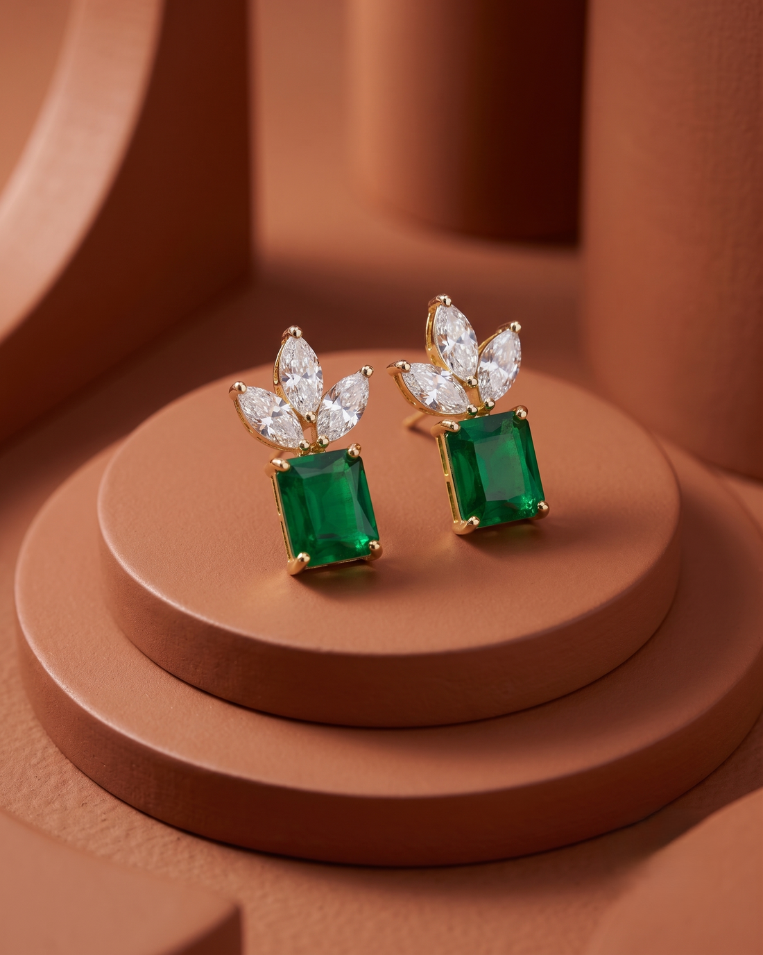Premium Regalia Prism Studs – Gold Polish Emerald Cut Diamond Earrings (Multi Color)