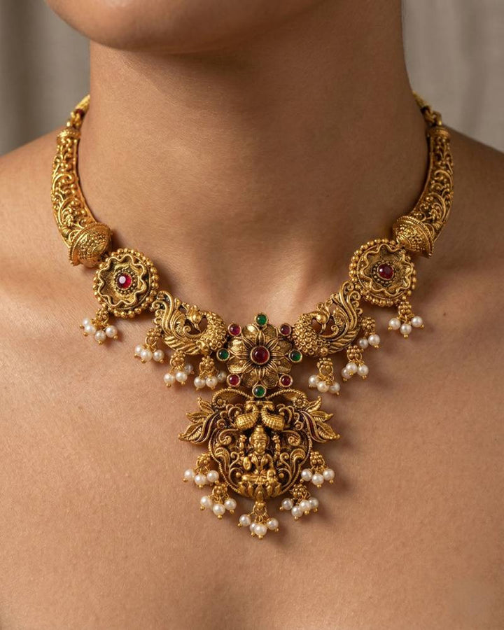 Antique Gold Temple Lakshmi Pendant Necklace Set with Peacock Jhumka Earrings