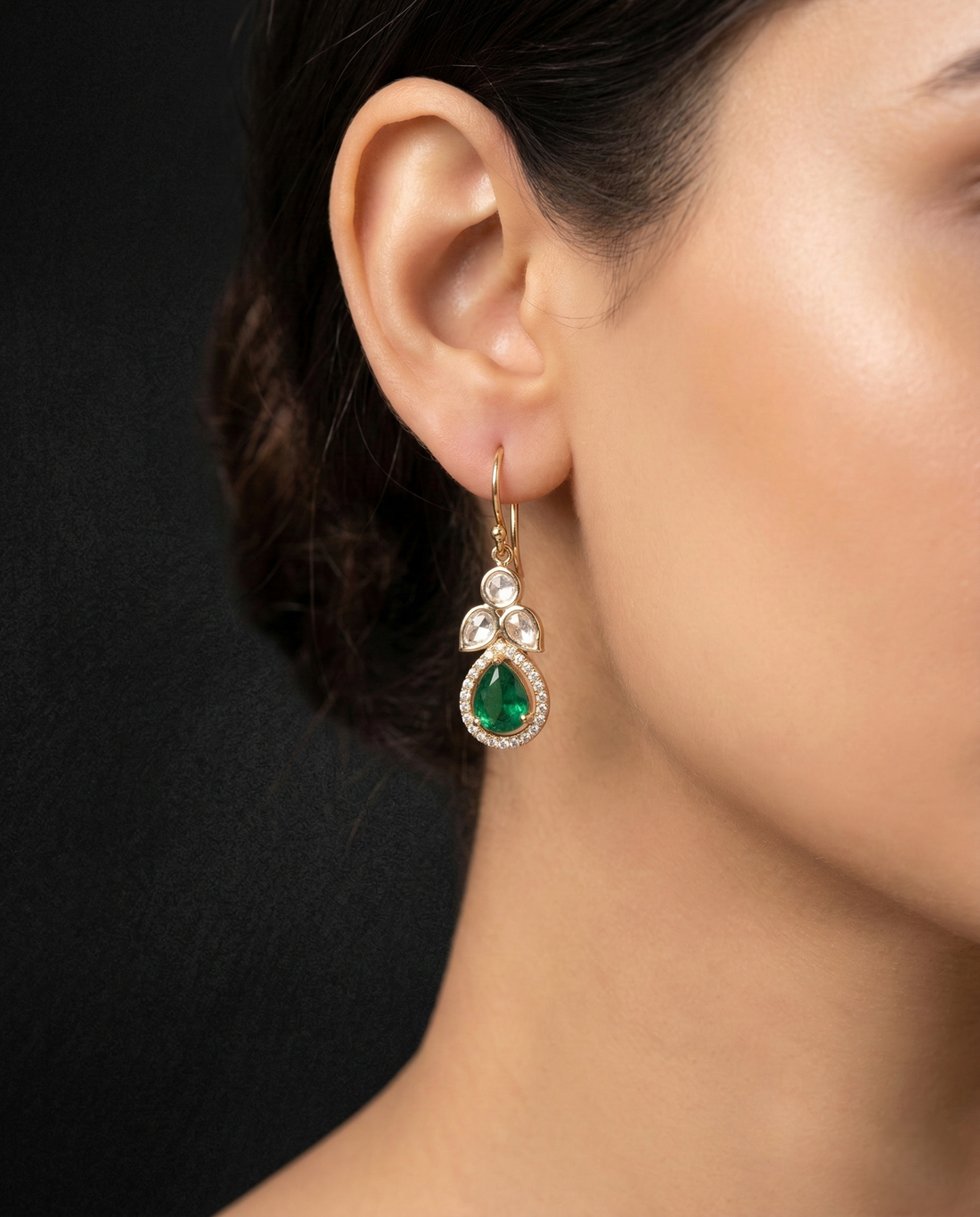 Premium Kundan Teardrop Earrings Green Red Gold Finish