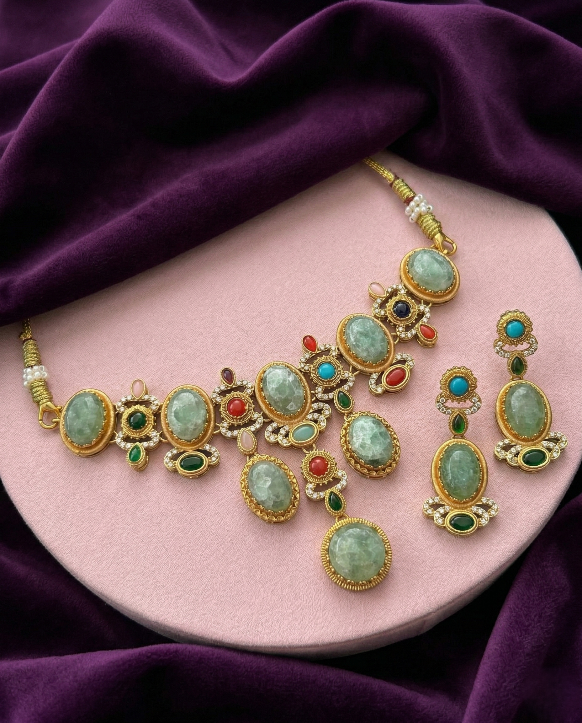 Premium Mint Green and Multicolor Stone Designer Necklace Set with Earrings