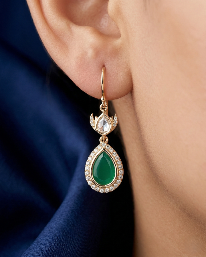 Premium Kundan Teardrop Earrings Green White Red Gold Finish