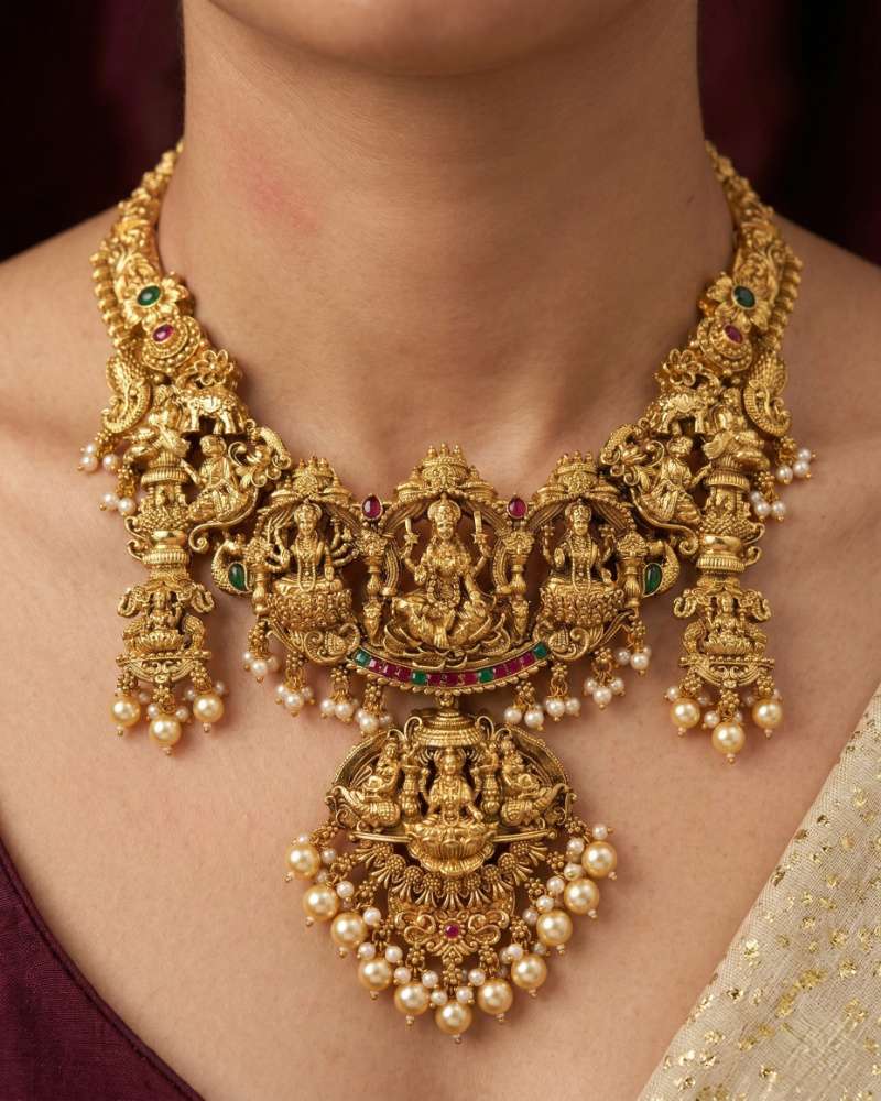 Antique Gold Lakshmi Temple Necklace Set with Pearl Drops and Jhumka Earrings