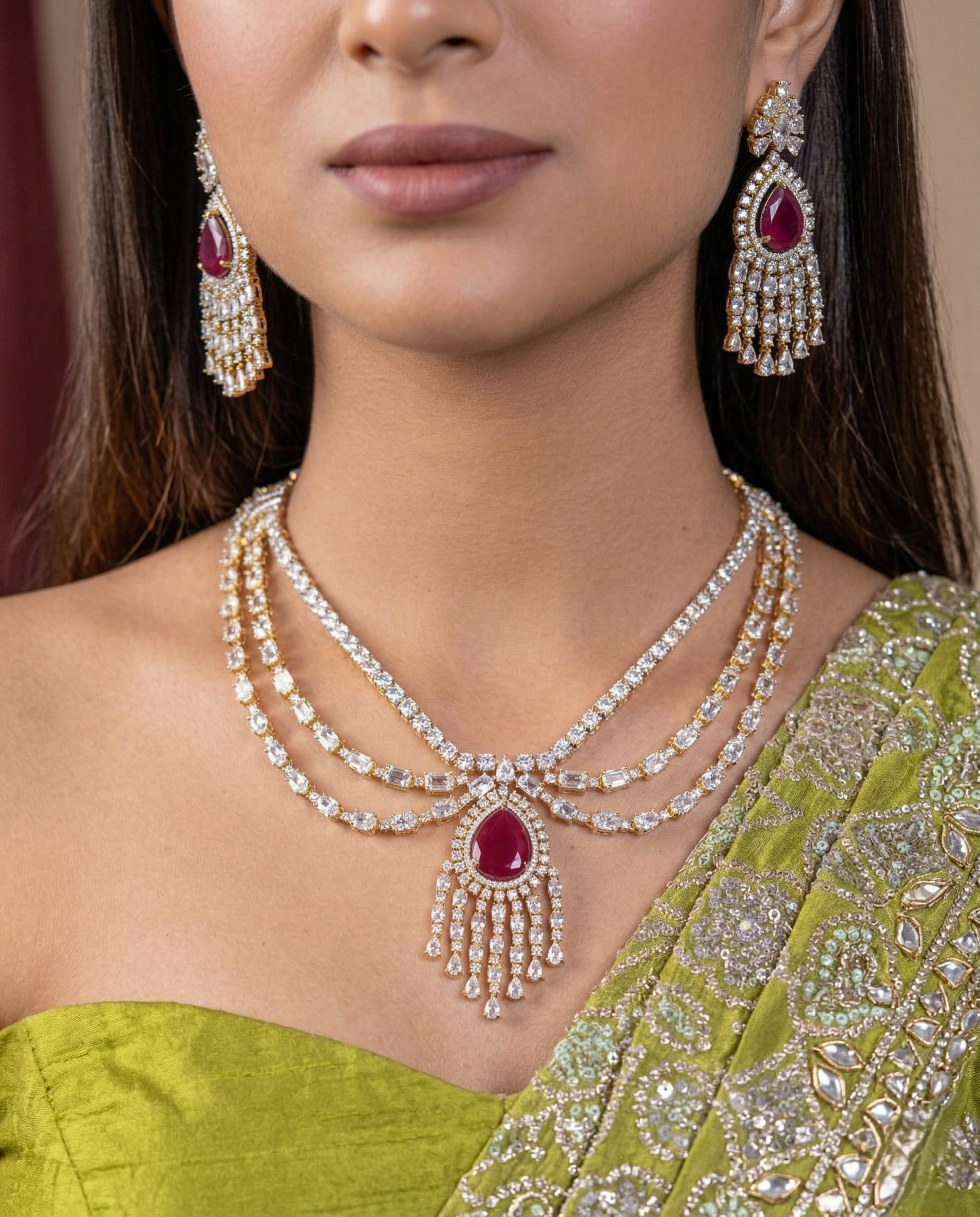 Gold Polish American Diamond Red Stone Layered Necklace Set