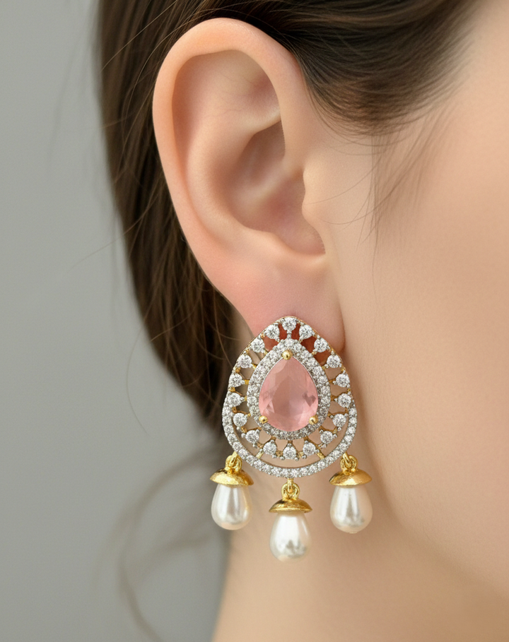 Pink Stone Pearl Drop Earrings | Gold Finish Party Jewellery
