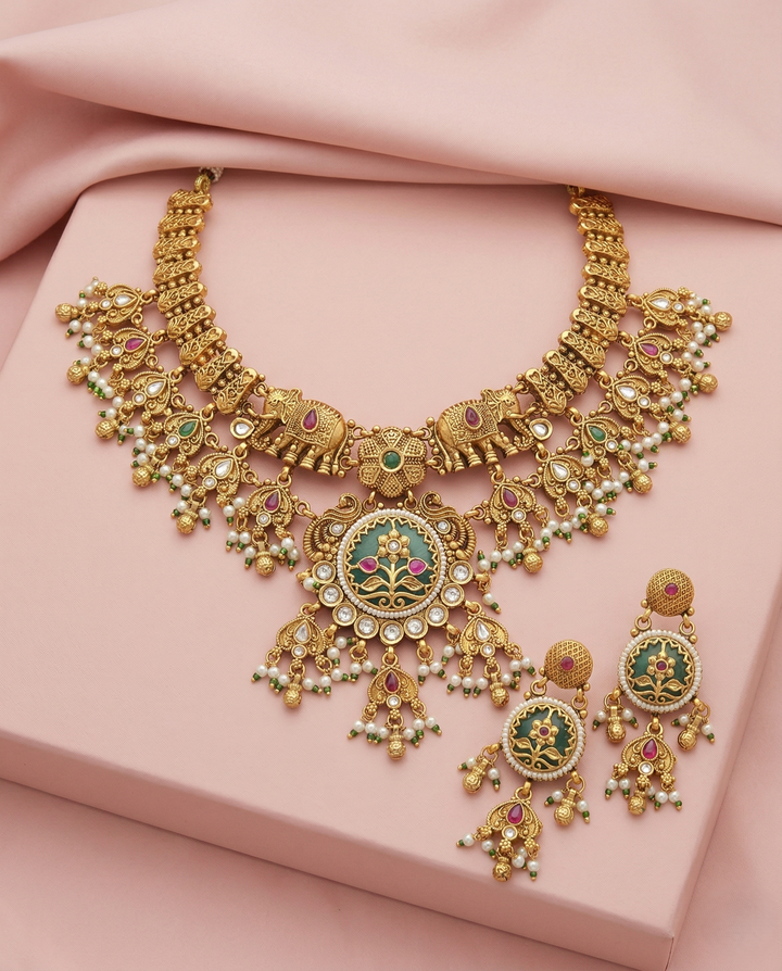 Premium Antique Finish Gold Plated Royal Elephant Floral Necklace Set with Pearl Drops