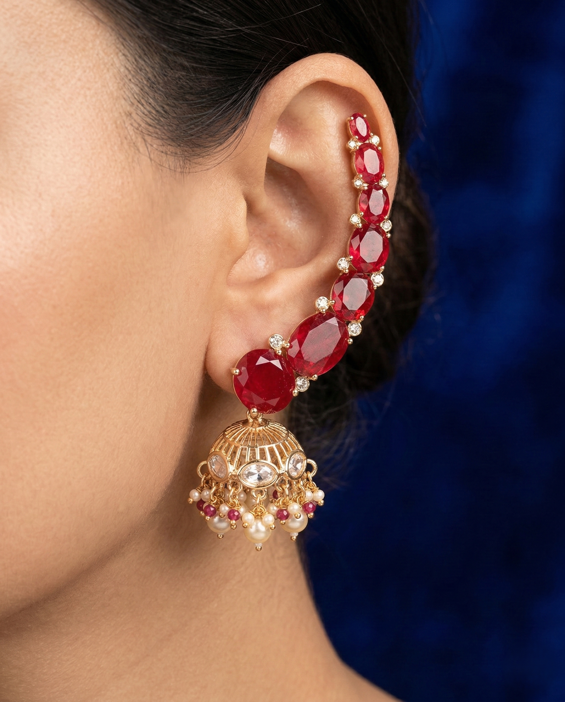 Premium Kundan Ear Cuff Jhumka Earrings Green Red Gold Finish