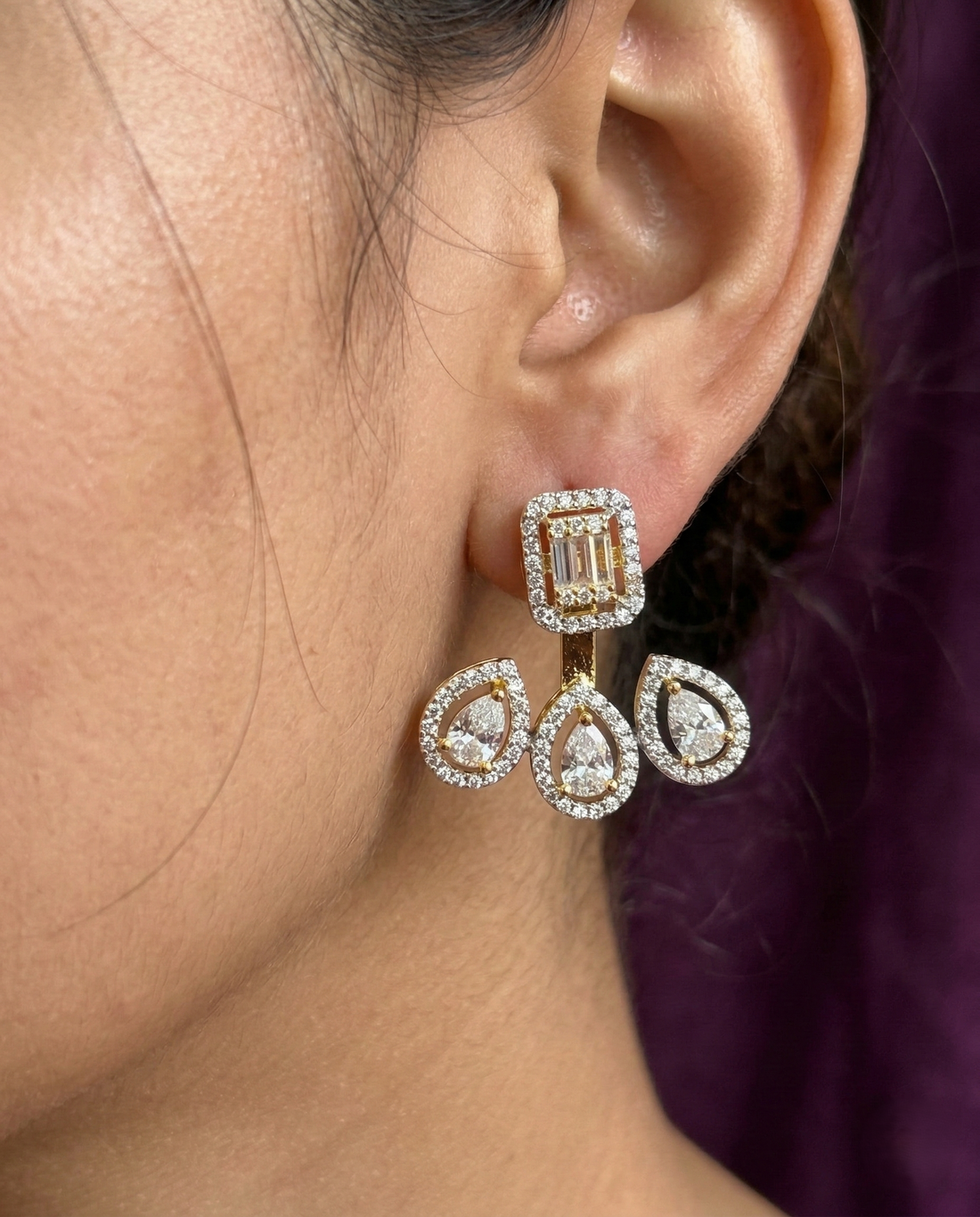 Detachable Pear Drop Jacket Earrings for Women with Baguette Stud – Gold Finish