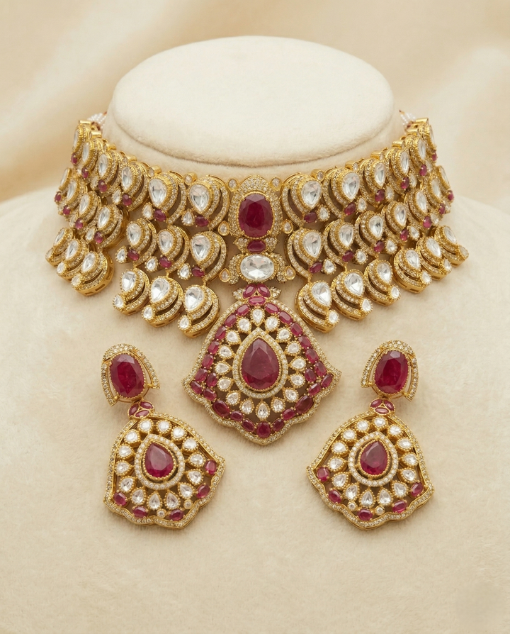 Premium Emerald Green and Ruby Red Bridal Polki Choker Necklace Set with Earrings