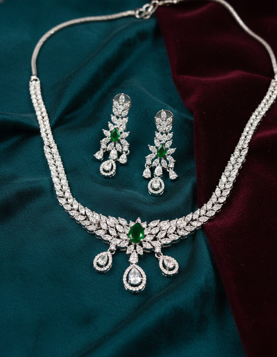 Green Stone Diamond Necklace Set with Matching Earrings – Silver Finish