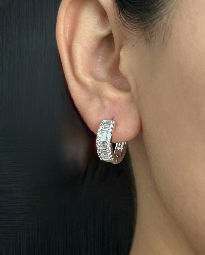 Baguette CZ Diamond Hoop Earrings – Gold & Silver Finish