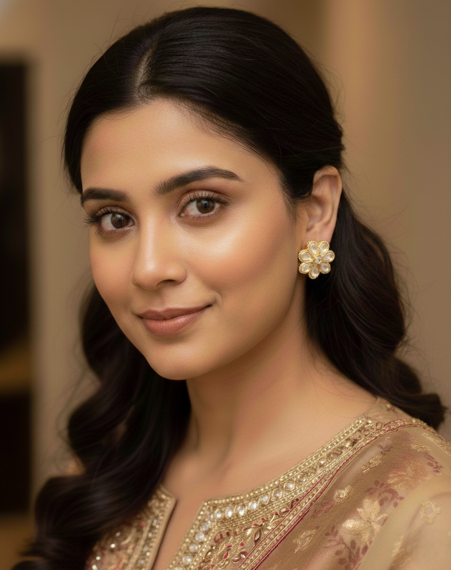 Woman wearing a traditional outfit with floral earrings against a blurred background