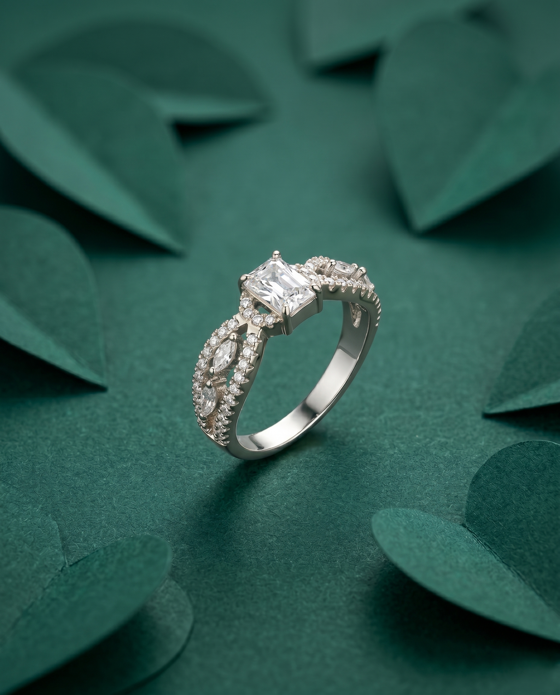 Emerald Cut Diamond Look Ring Silver Plated Adjustable – Red / Green / White Stone