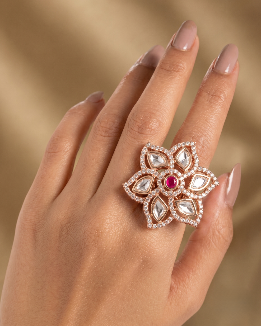 Kumudini Ruby Kundan Ring for Women | Floral Adjustable Statement Ring