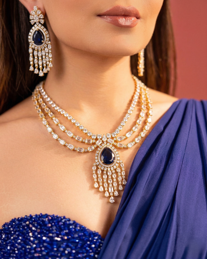 Black Drop Diamond Style Gold Finish Necklace Set with Matching Earrings