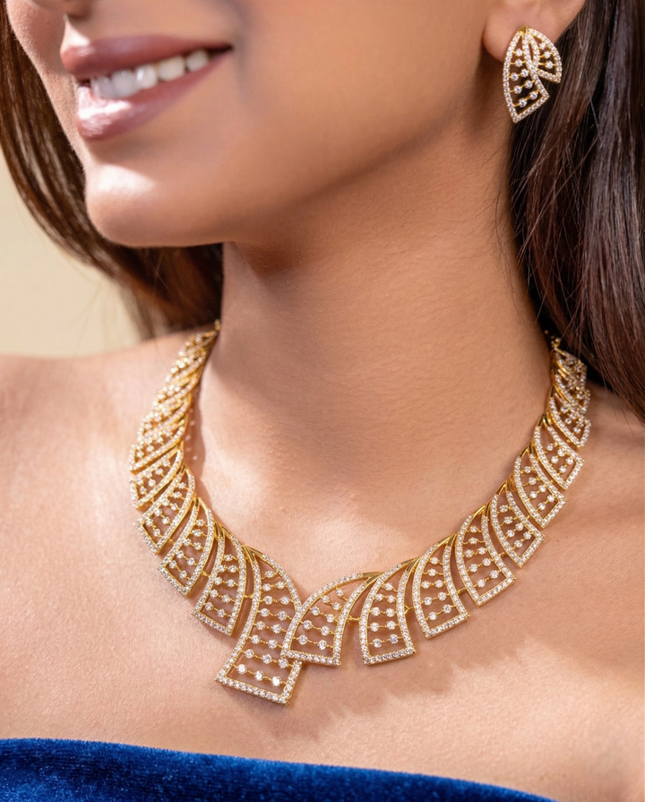 Diamond Look Gold Tone Necklace Set with Earrings | Premium Imitation Jewellery