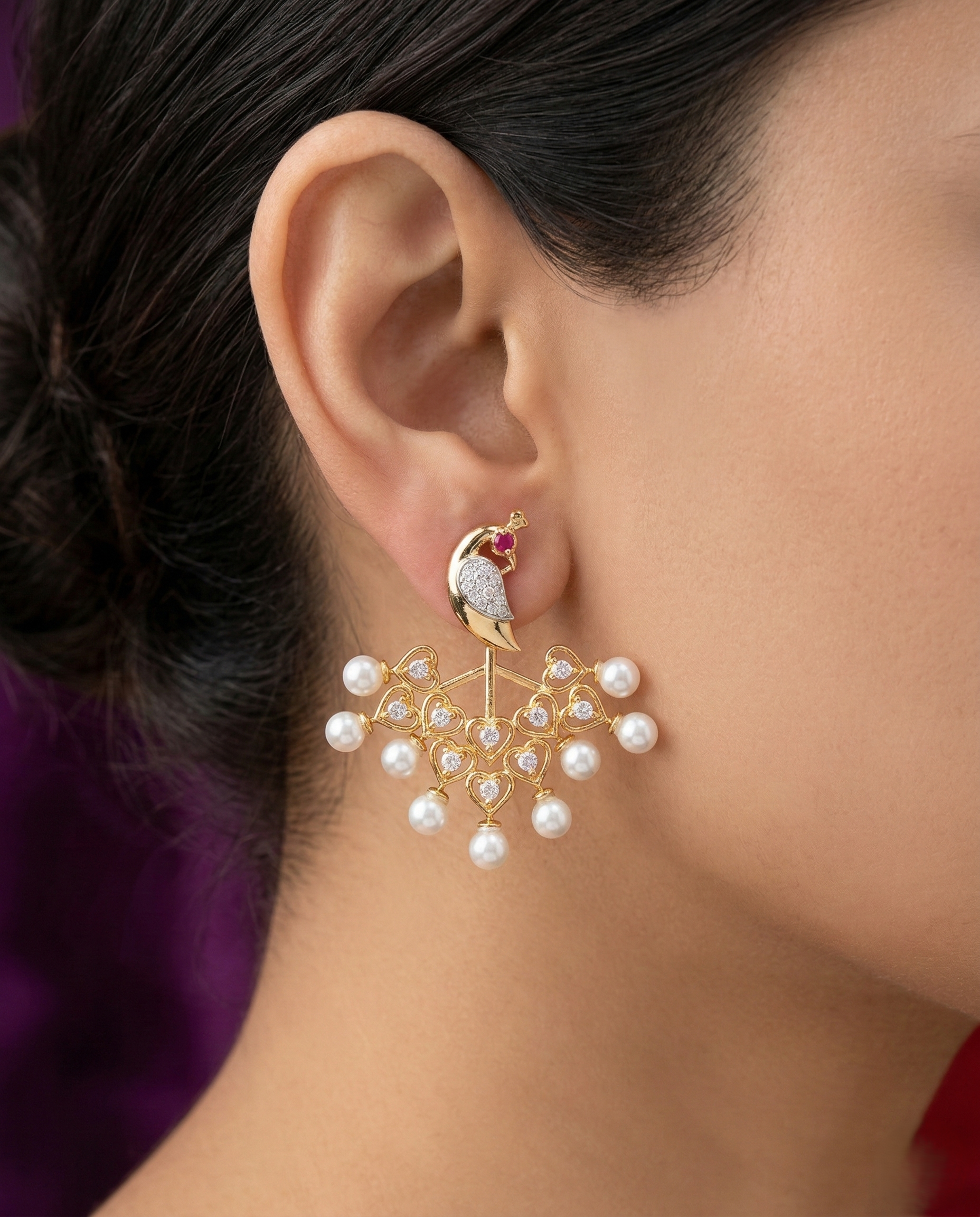 Peacock Heart Pearl Drop Statement Earrings for Women – Gold Finish