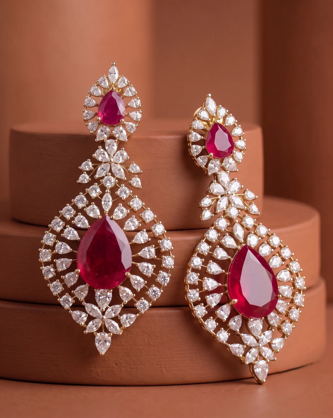 Stylish Ruby Red Drop Earrings Premium Gold Plated Stone Work for Women