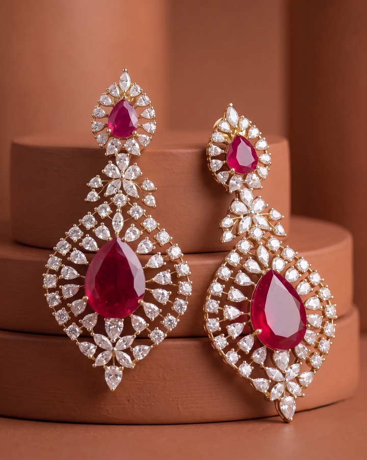 Stylish Ruby Red Drop Earrings Premium Gold Plated Stone Work for Women