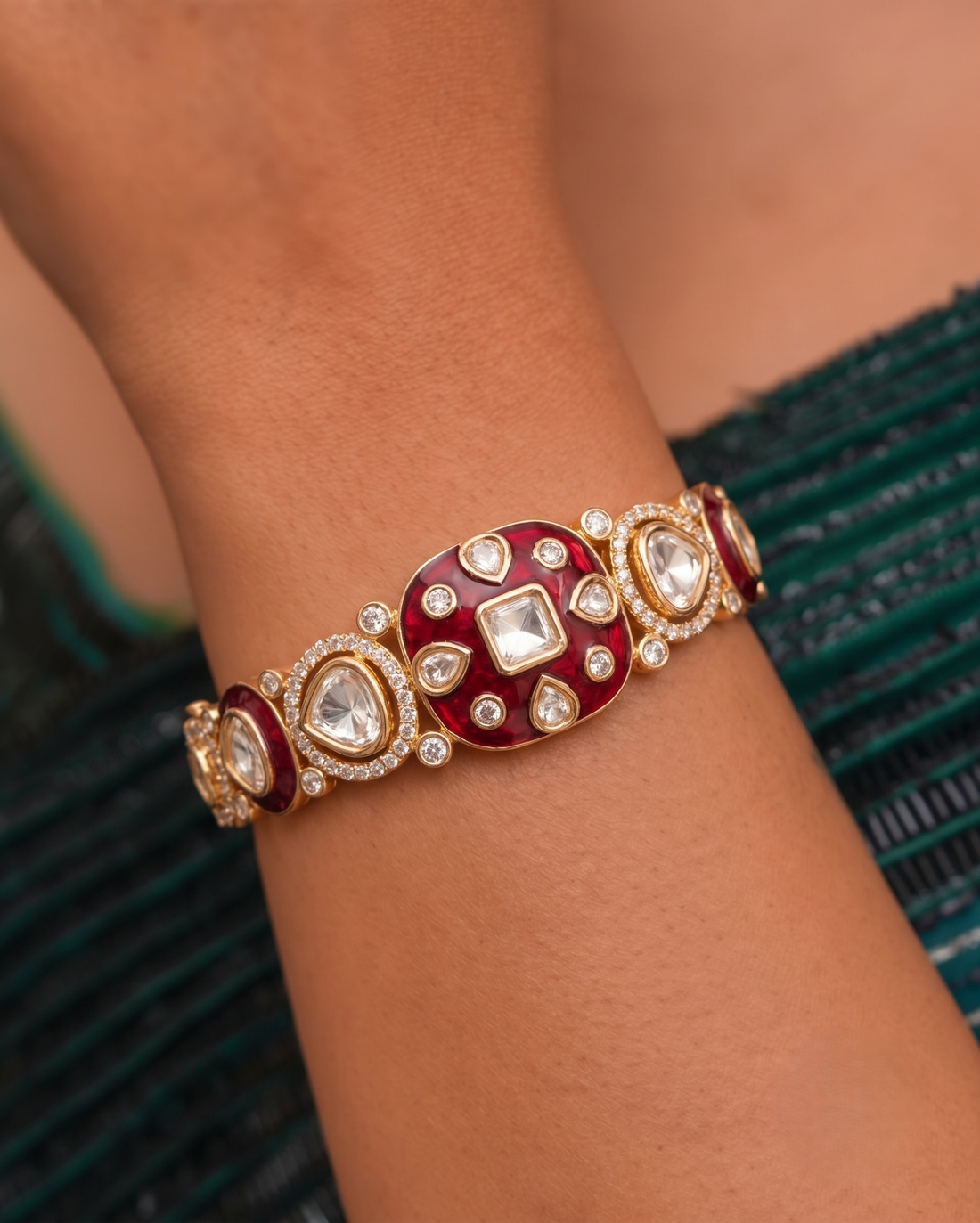 Royal Meenakari Kundan Openable Gold Plated Bracelet in Emerald & Royal Blue Finish (2.4 & 2.6 Fit)