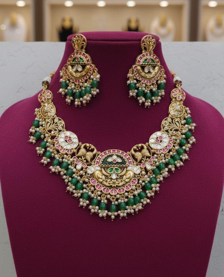 Traditional Gold Finish Temple Necklace Set with Green Beads & Kundan Work
