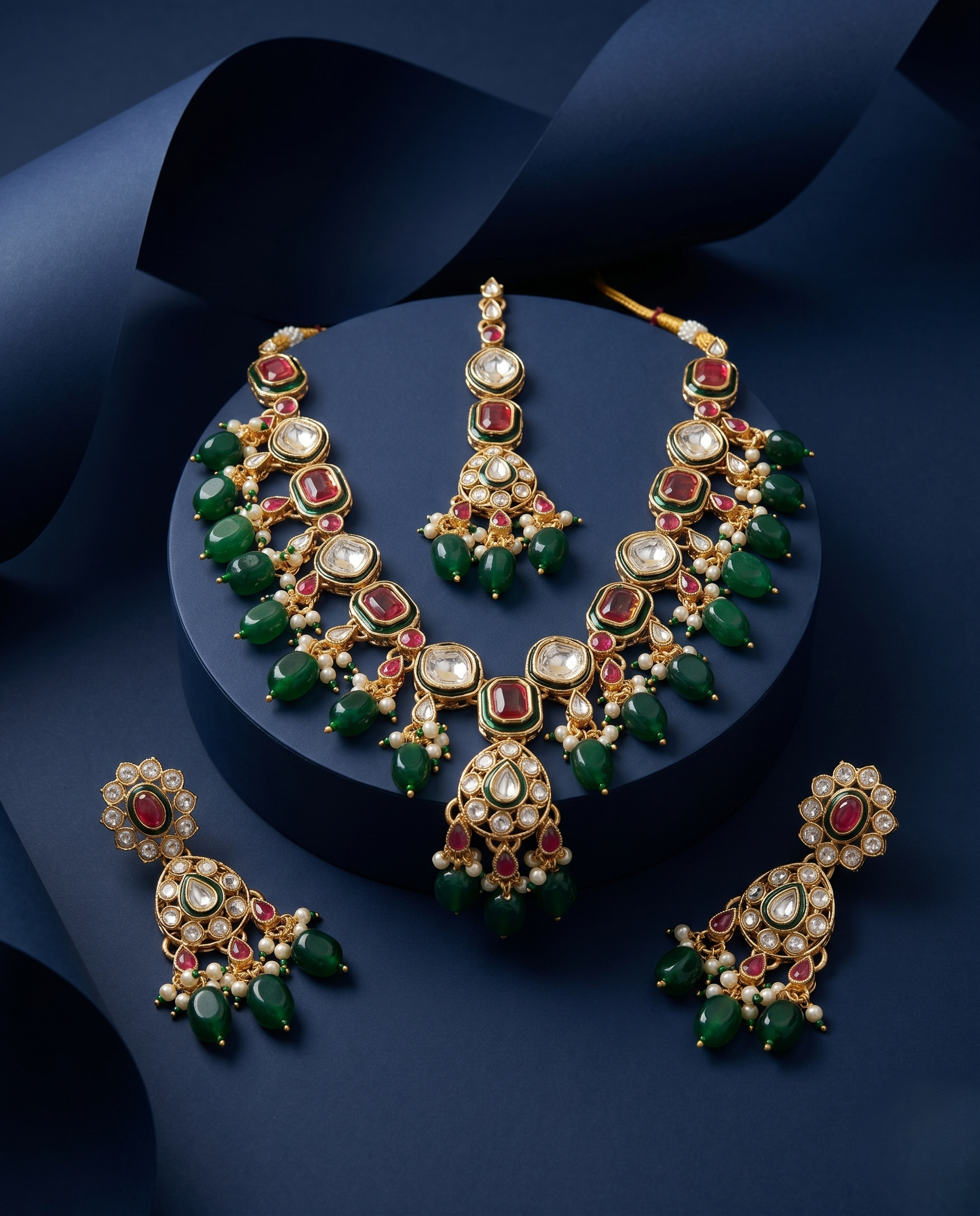 Polki Kundan Necklace Set with Ruby-Tone Stones & Green Bead Drops – Traditional Design