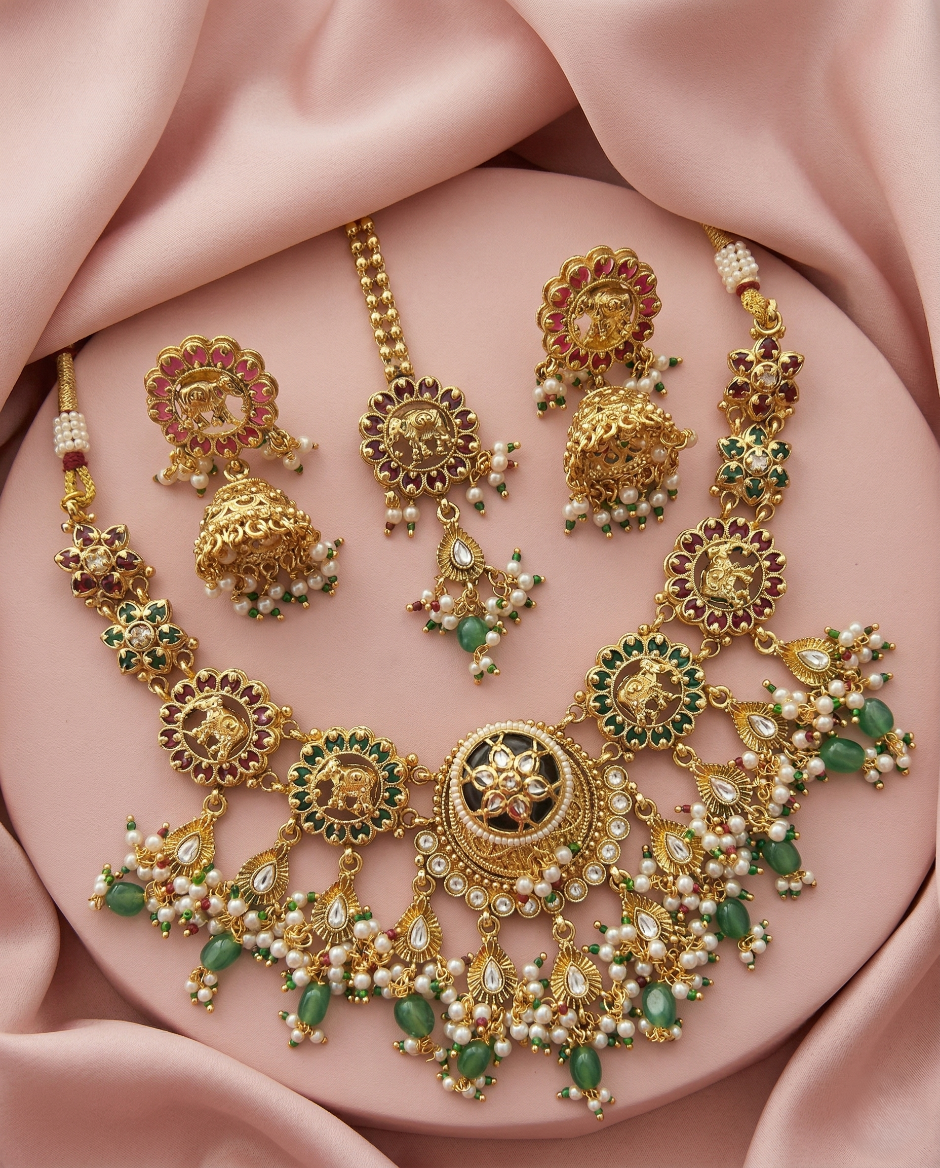 Traditional Gold Finish Temple Necklace Set with Green Beads, Pearl Drops & Kundan Work