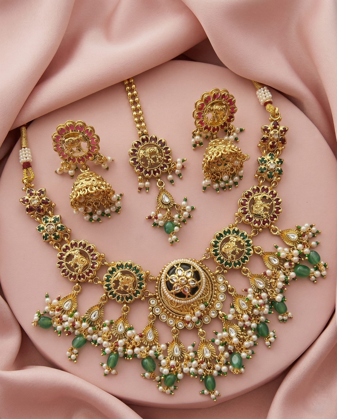 Traditional Gold Finish Temple Necklace Set with Green Beads, Pearl Drops & Kundan Work