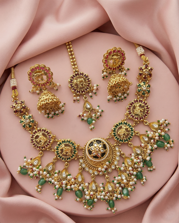 Traditional Gold Finish Temple Necklace Set with Green Beads, Pearl Drops & Kundan Work