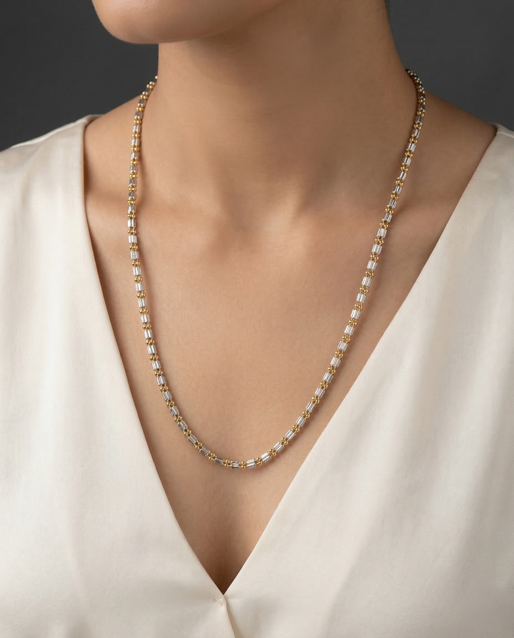 Two Tone Rectangular Link Chain Necklace | Gold Silver Designer Long Chain for Women