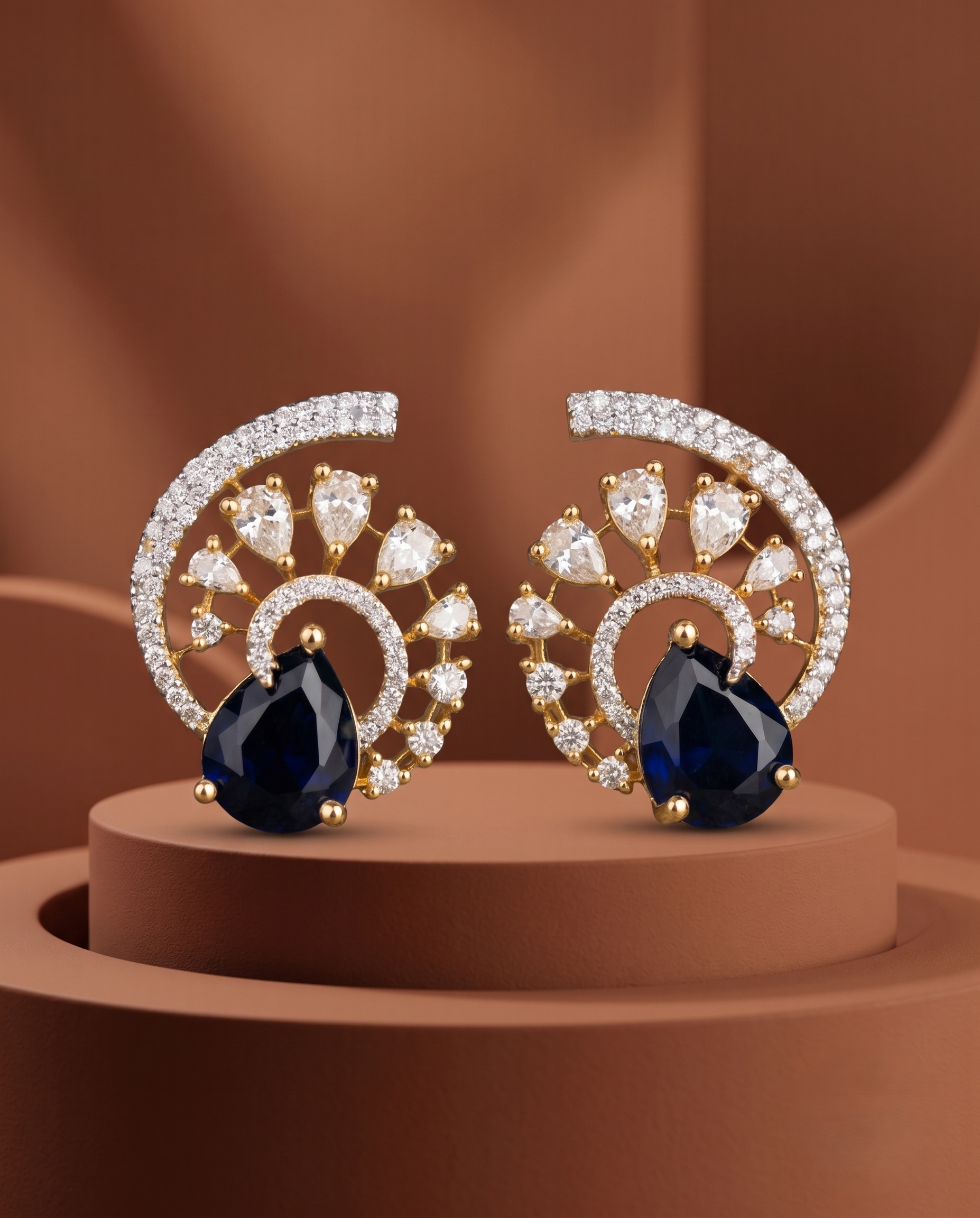 Premium Regal Spiral Drops – Gold Polish Diamond Statement Earrings