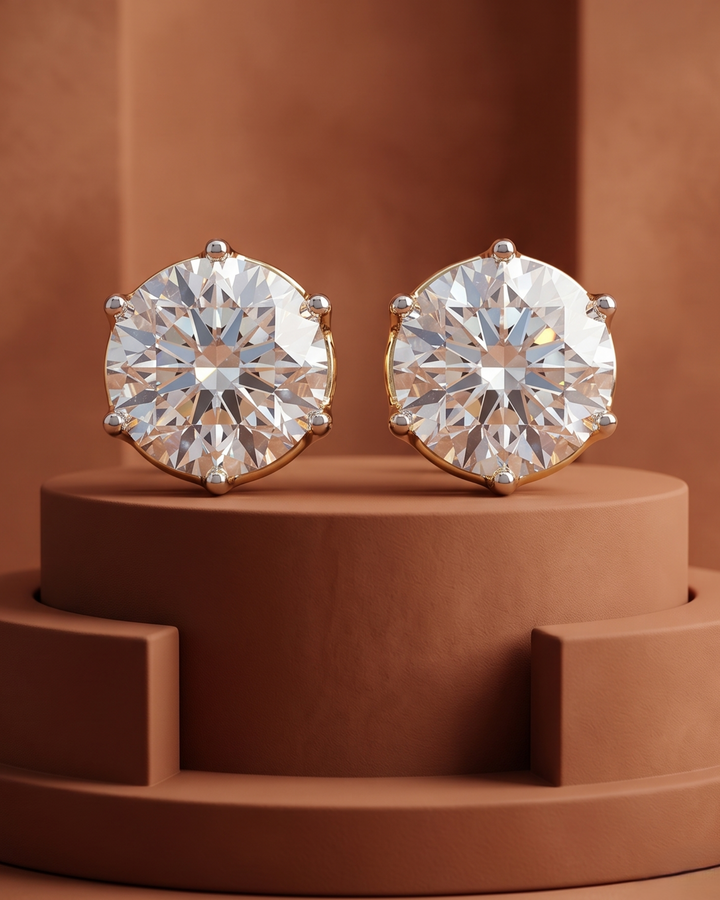 Premium 8 Carat Diamond Stud Earrings Gold & Silver Tone Classic Round Design