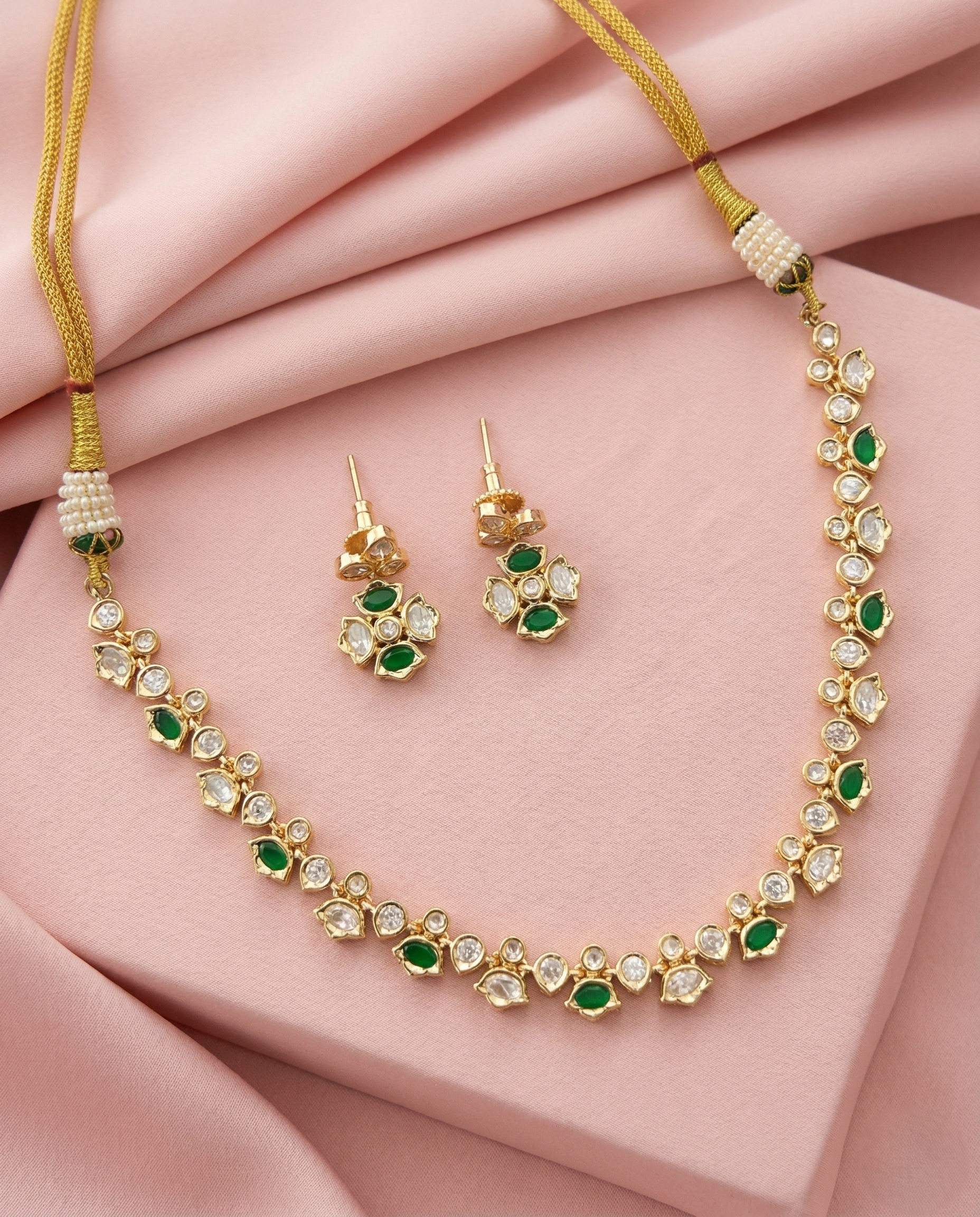Available Colour White Green Maroon Elegant Kundan Short Necklace Set Detailing Real Gold Tone with Earrings