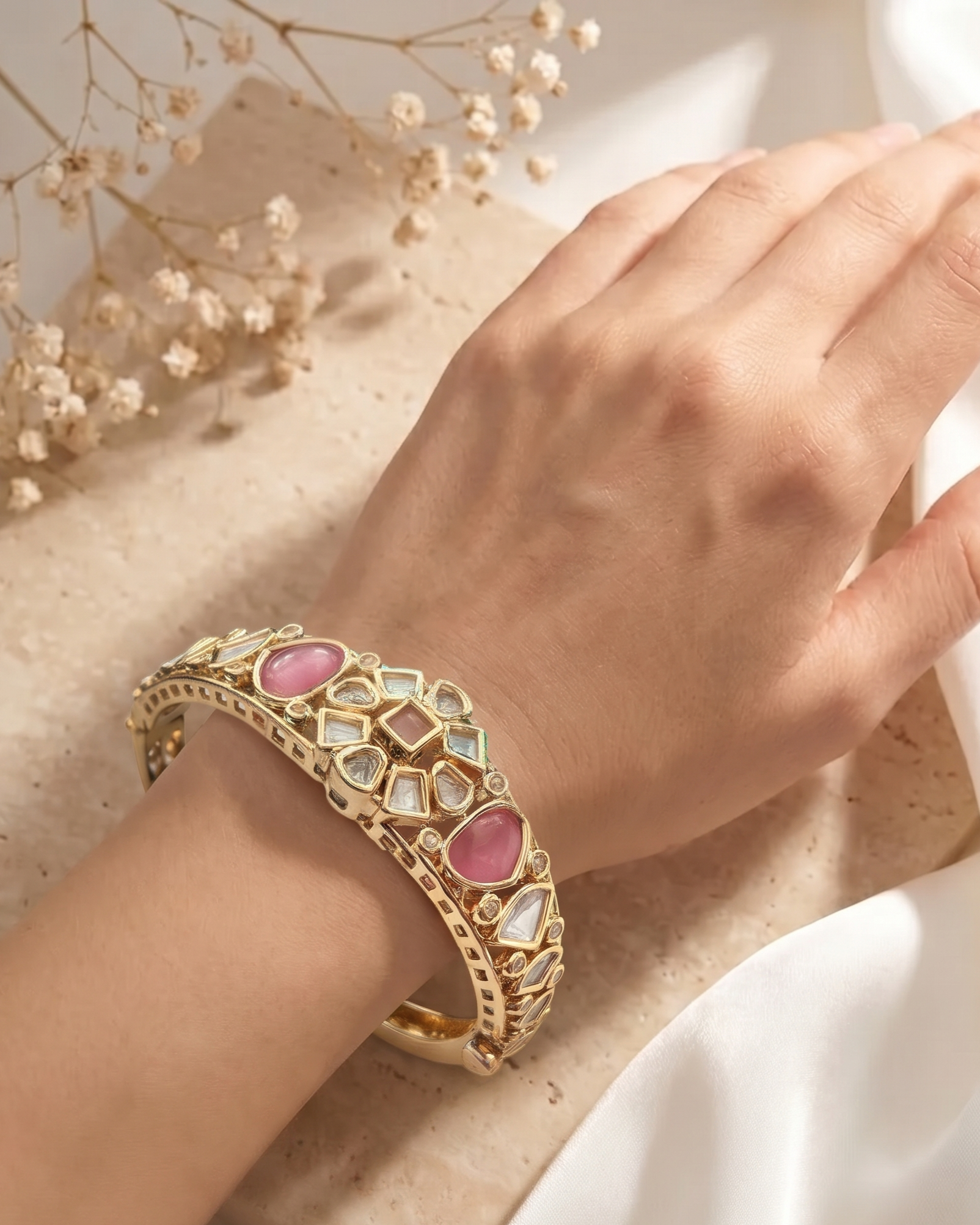 Rajnidhi Polki Gold Tone Openable Braclete For Women