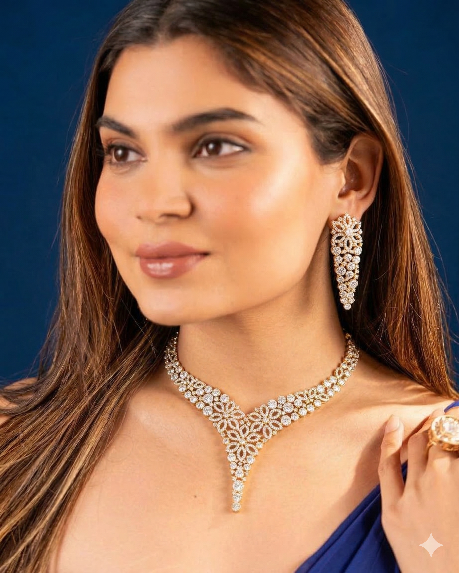 Floral Diamond Style Gold Finish Necklace Set with Matching Earrings