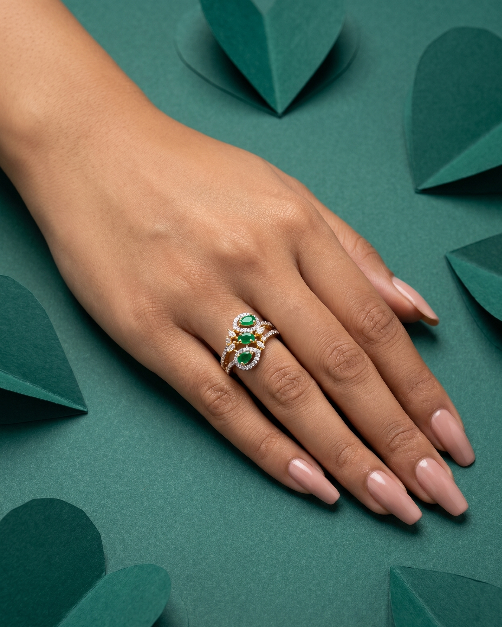 Tri Stone Designer Diamond Ring Gold Plated Adjustable (White / Green / Red)