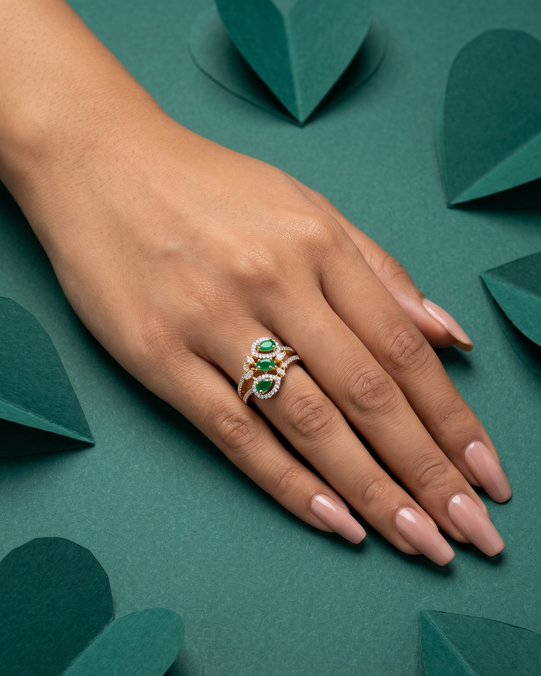 Tri Stone Designer Diamond Ring Gold Plated Adjustable (White / Green / Red)