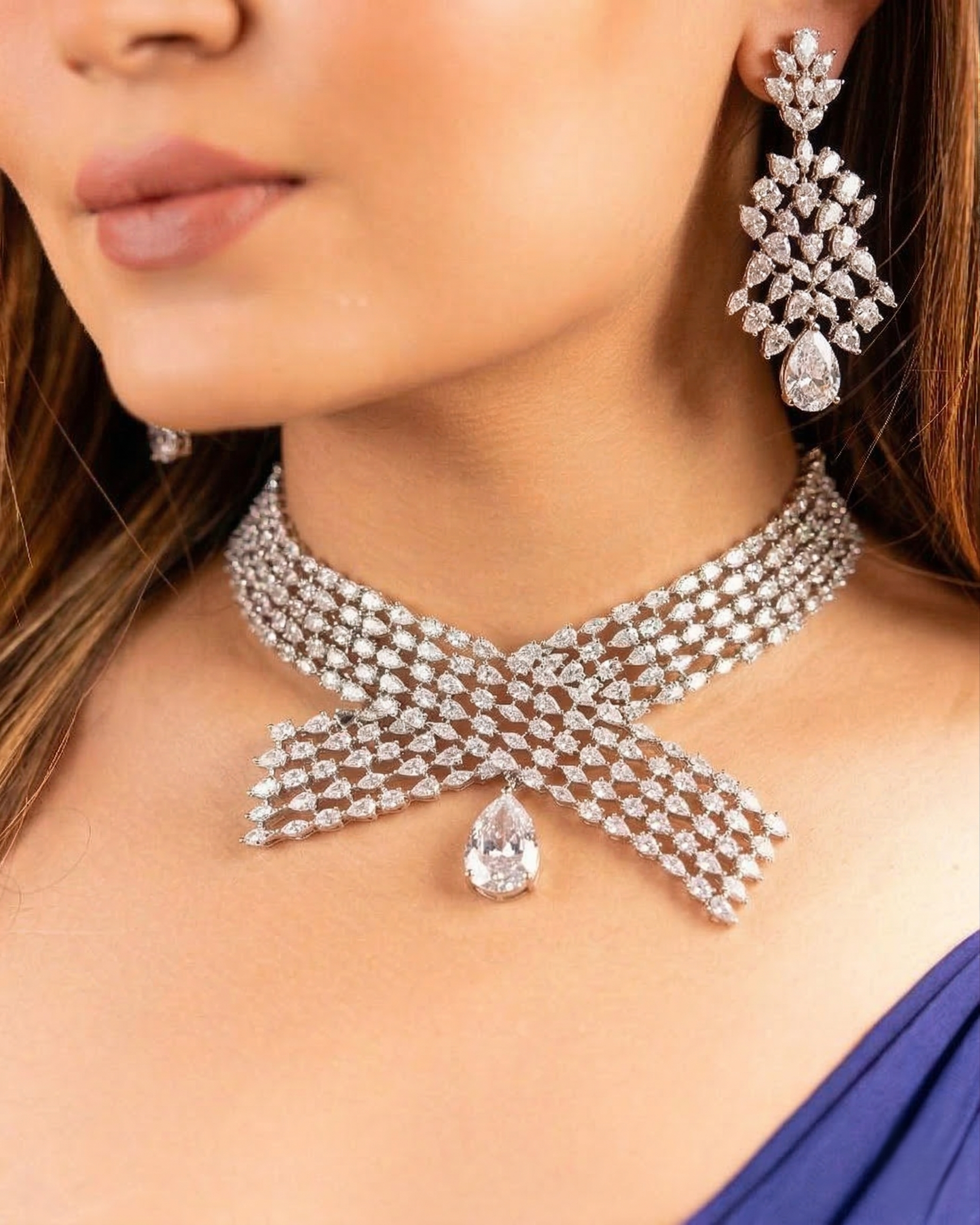 White Diamond Style Necklace Set with Matching Earrings