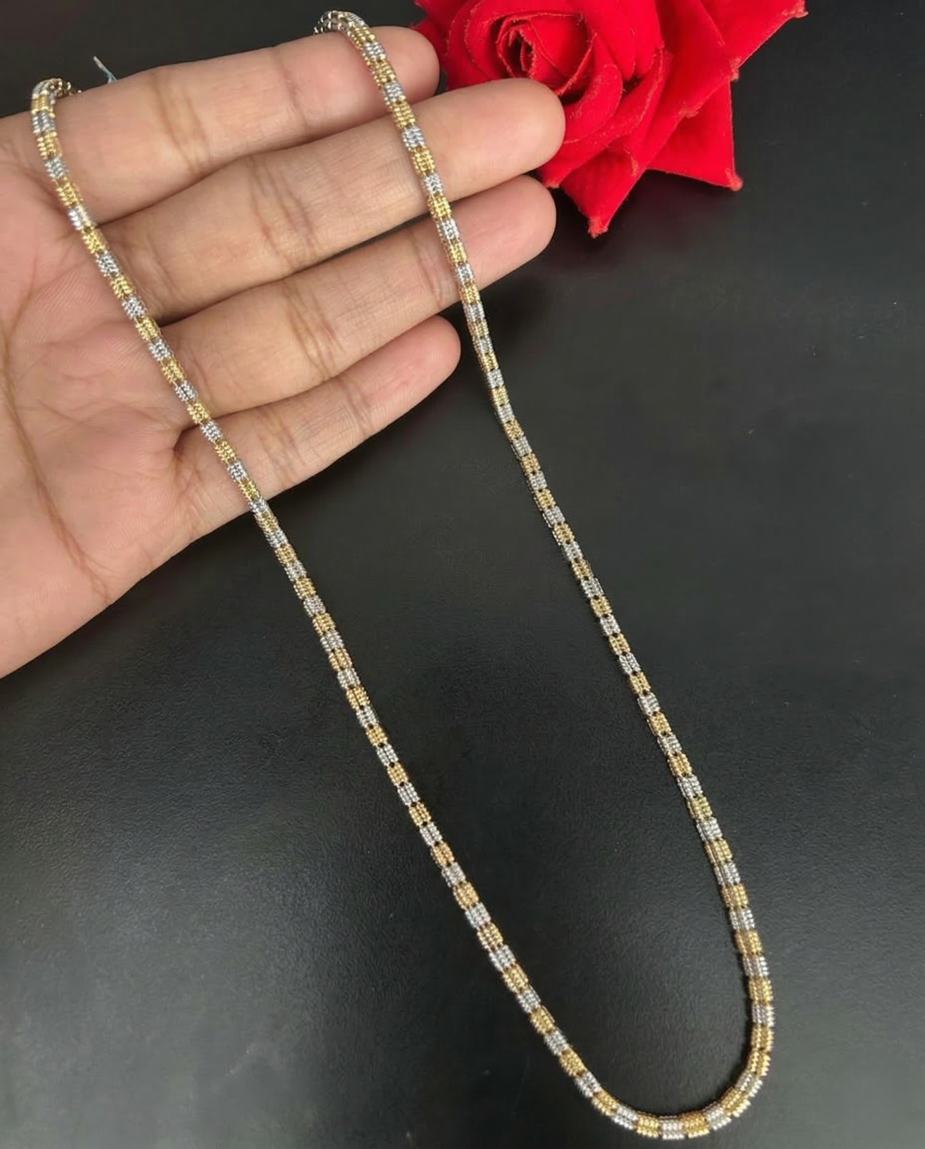 Two Tone Geometric Long Chain Necklace | Gold Silver Textured Link Chain for Women