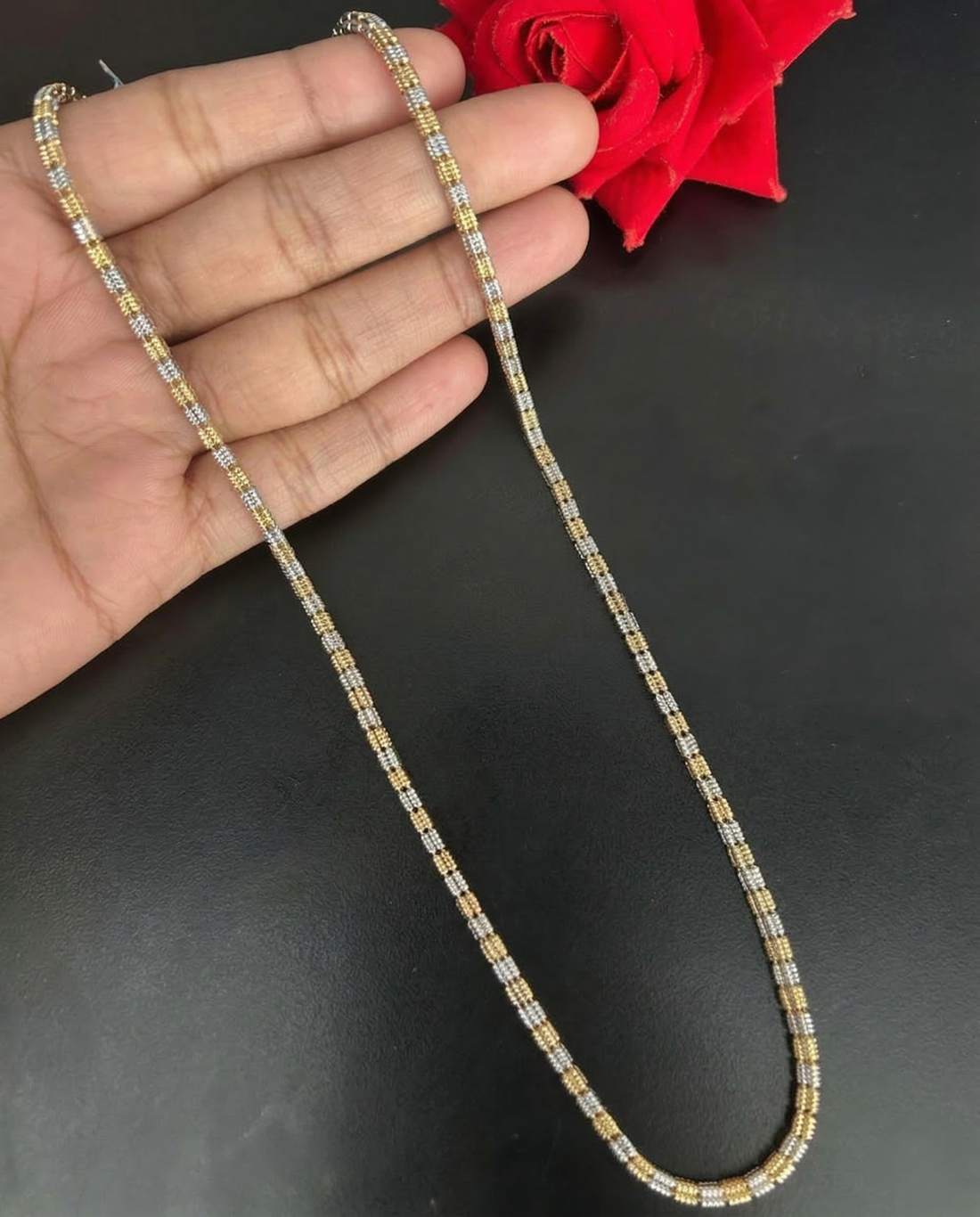 Two Tone Geometric Long Chain Necklace | Gold Silver Textured Link Chain for Women