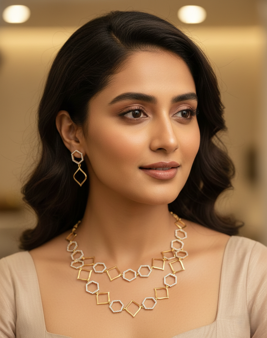 Woman wearing a gold necklace and earrings in an indoor setting