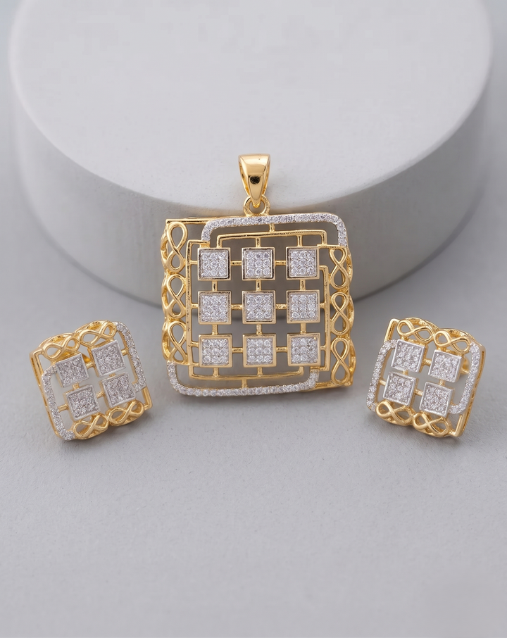 Premium Square Grid Diamond Look Pendant Set in Gold Tone