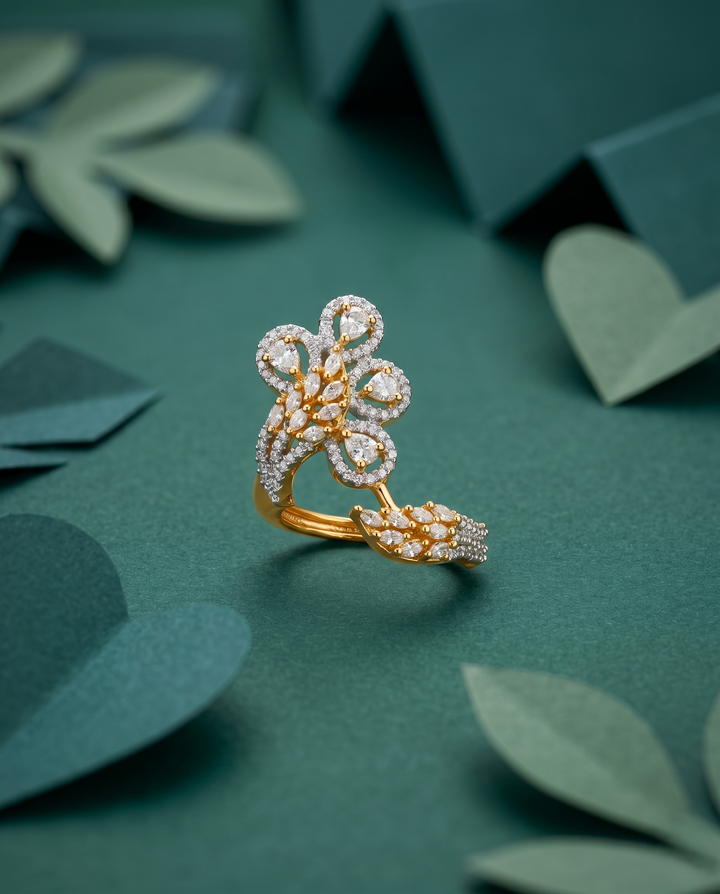 Royal Floral Stone Gold Plated Adjustable Ring (Ruby Red, Diamond White, Emerald Green)