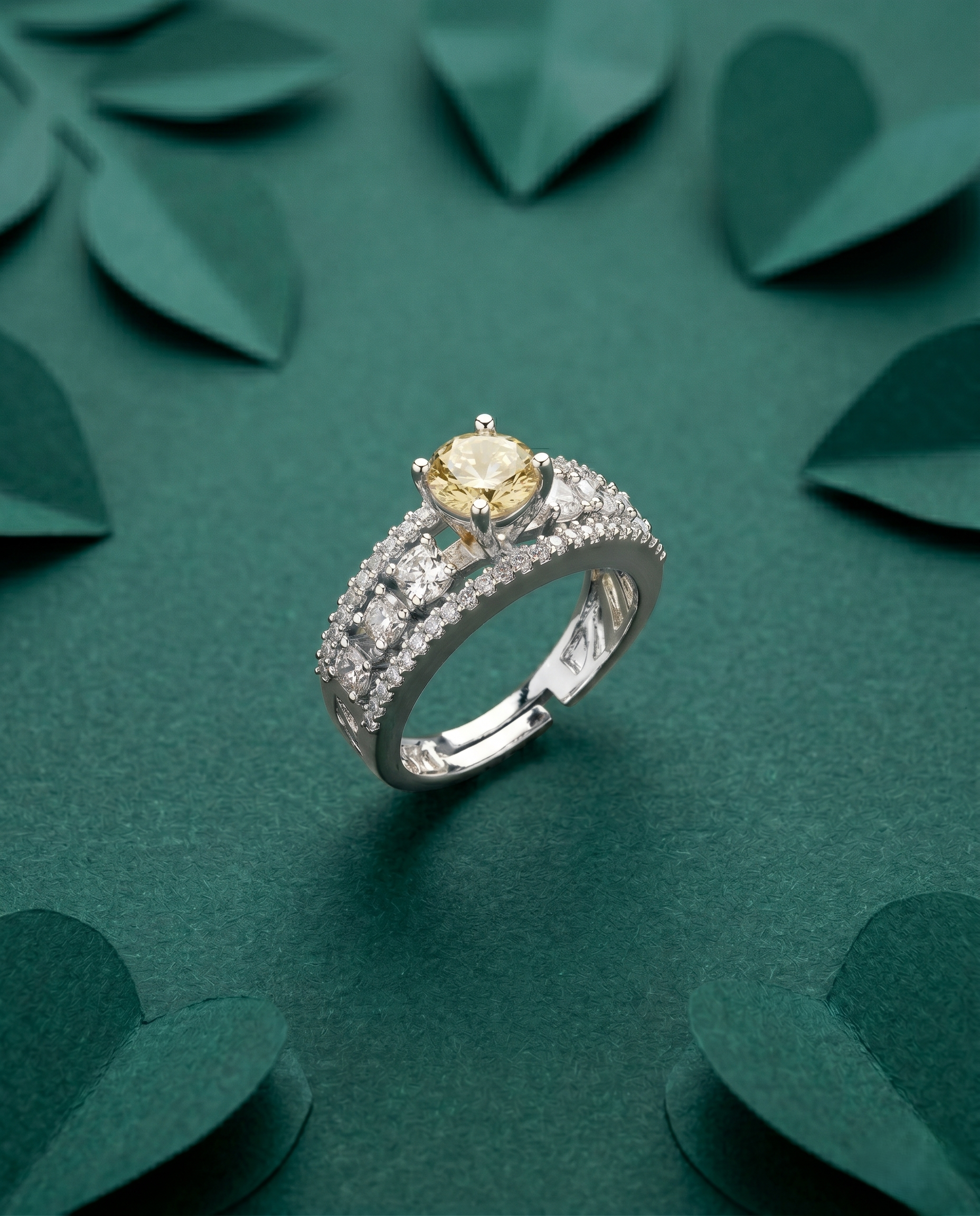 Premium Solitaire Diamond Look Ring Silver Plated Adjustable – 5 Color Variants