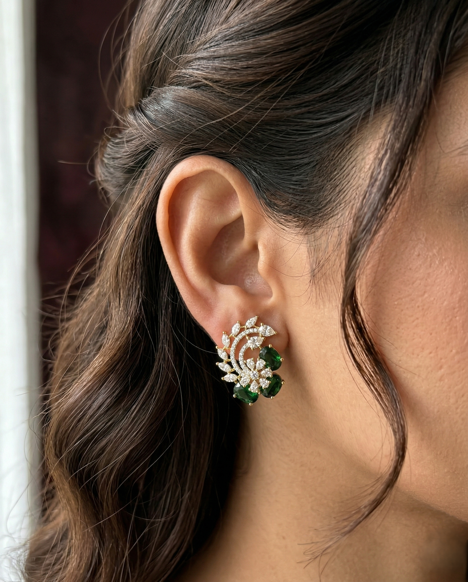 Premium Ruby &amp; Emerald Floral Diamond Statement Earrings for Women | Party Wear Designer Earrings