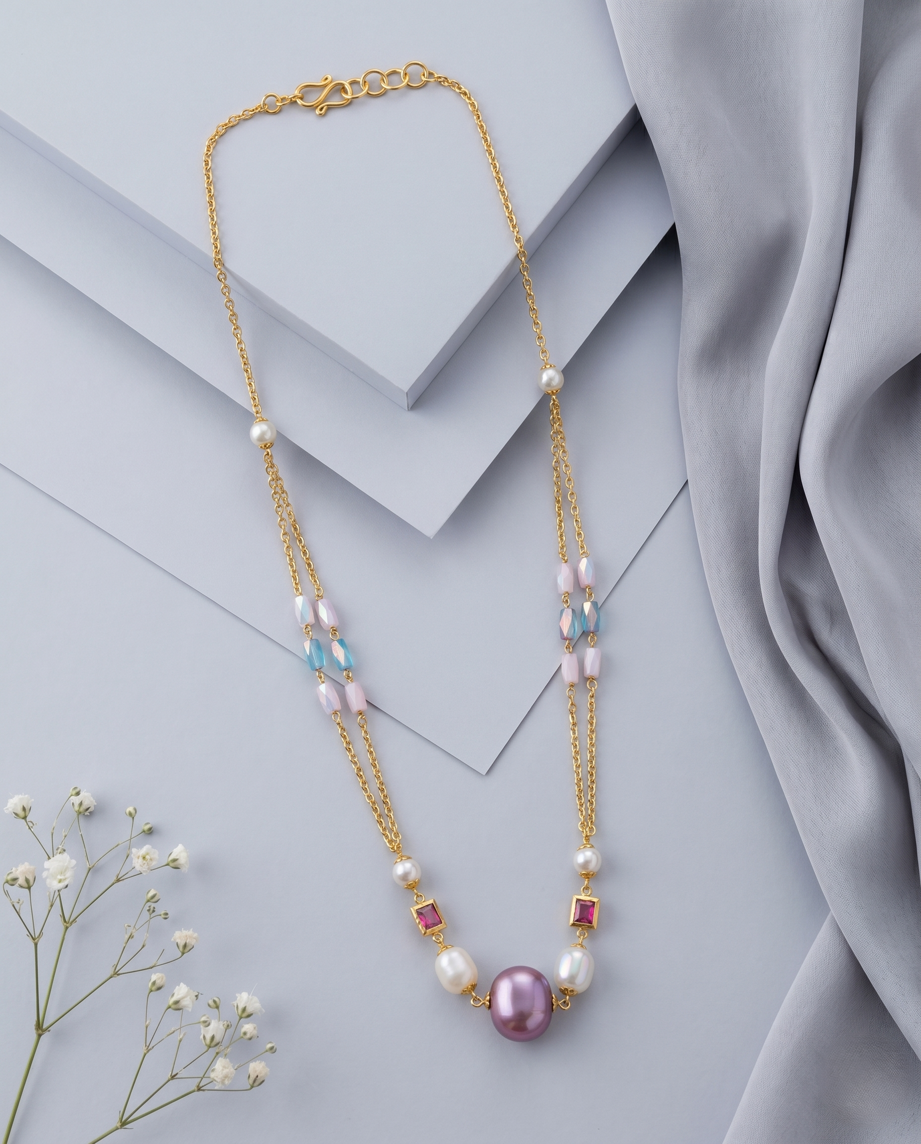 Handmade Pearl, Opal Crystal & Pastel Bead Mala Necklace Set with Faceted Crystal Earrings