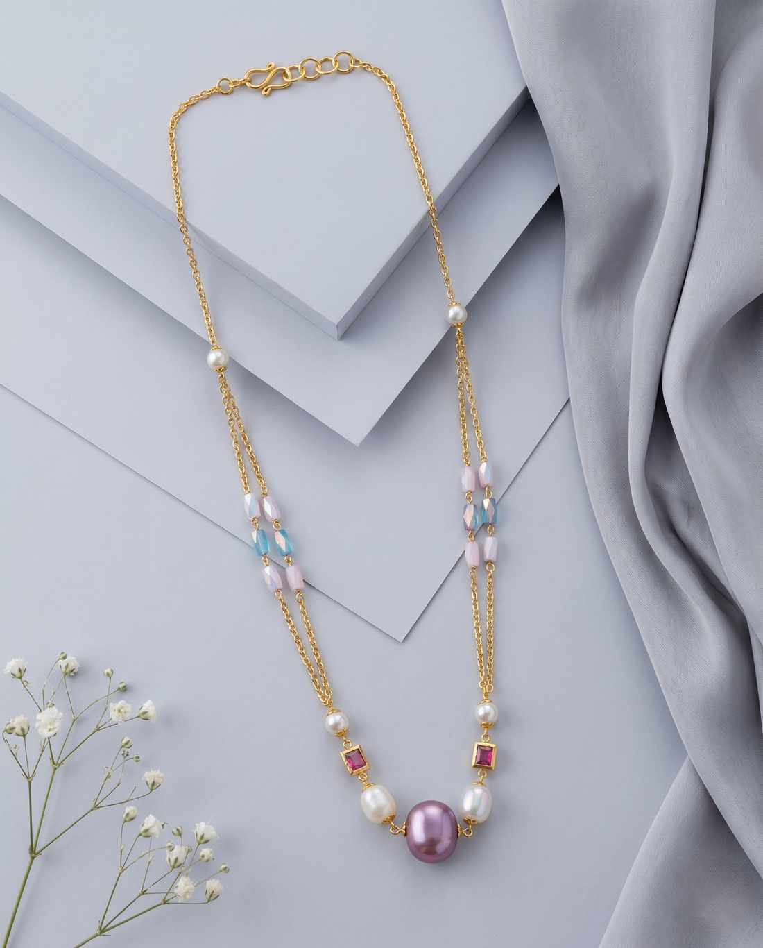 Handmade Pearl, Opal Crystal & Pastel Bead Mala Necklace Set with Faceted Crystal Earrings