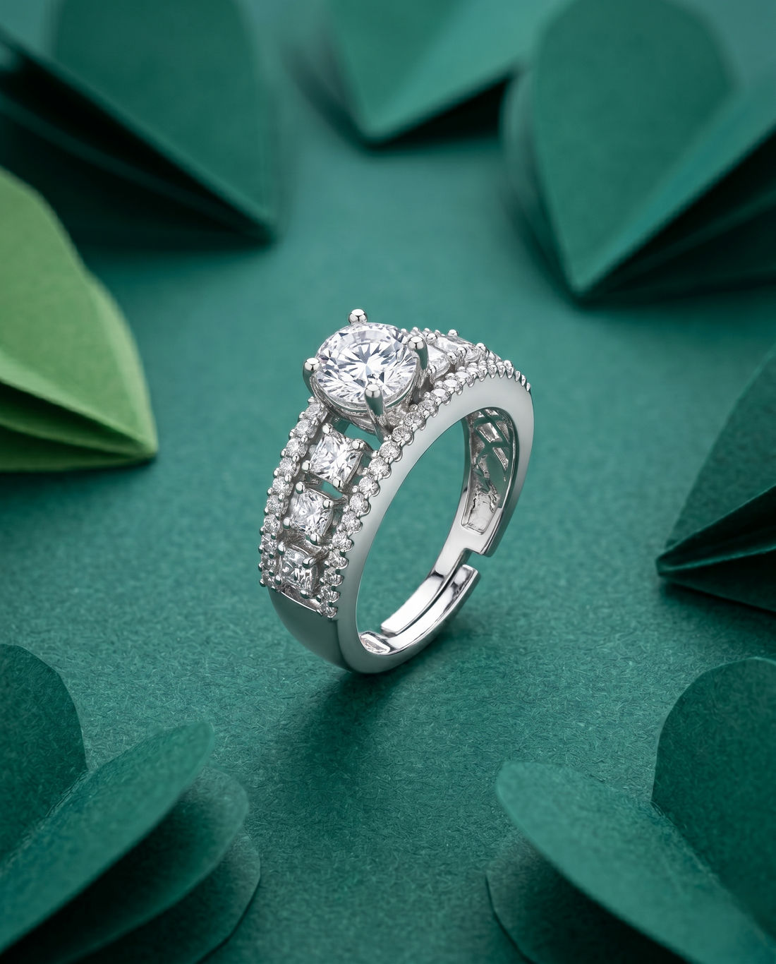 Premium Solitaire Diamond Look Ring Silver Plated Adjustable – 5 Color Variants