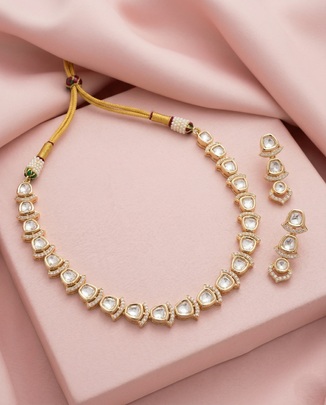 Elegant Kundan Short Necklace Set White Green Pink Detailing Real Gold Tone with Earrings